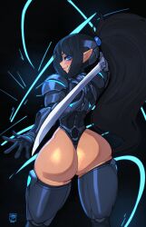 1girls ass ass_focus big_ass black_hair blue_eyes female female_only gattles hi_res light-skinned_female light_skin long_hair looking_at_viewer looking_back looking_back_at_viewer pointy_ears ponytail rear_view smiling smiling_at_viewer solo sword thick_thighs