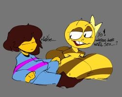 ass ass big_ass big_breasts big_butt breasts frisk monster_kid rule_63 text thick_thighs thighs tovicsnail undertale undertale_(series)