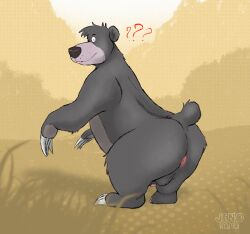 anthro anus ass backsack balls baloo bear big_butt black_nose claws fur genitals hi_res humanoid_genitalia humanoid_penis jenokamui looking_at_viewer looking_back male male_only mammal overweight overweight_male penis sloth_bear solo the_jungle_book thick_thighs ursine