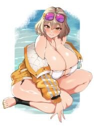 anis_(nikke) anis_(sparkling_summer)_(nikke) bikini breasts cleavage eyepatch_bikini feet full_cleavage goddess_of_victory:_nikke huge_breasts jacket necklace plump short_hair sitting sunglasses sunglasses_on_head thick_thighs toeless_legwear toenail_polish yonekura_mochi