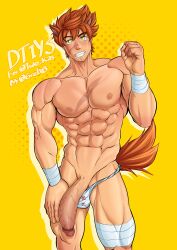 1boy 2022 animal_ears balls bara barazoku big_penis clothing completely_nude fundoshi gay grelx half-erect hi_res highres japanese_clothing male male_focus male_nipples male_only manly muscular_male nipples nude oc penis scar solo solo_male tail yaoi