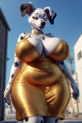 ai_generated anthro black_spots canid canine canis choker cleavage curvy dalmatian dress floppy_ears fur furry gold_dress huge_breasts looking_away looking_away_from_viewer milf pink_eyes plump spotted_fur stable_diffusion thick thick_thighs voluptuous wgenjoyr4539 white_body white_fur wide_hips