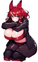 ai_generated animal_ears belly_button big_breasts black_clothing boots cassandra_(newgrounds) dracoarcto looking_at_viewer newgrounds pico's_school red_clothing red_hair red_head