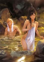 2d 2d_(artwork) ass big_ass big_breasts blonde_hair blue_eyes blush breasts brown_hair cloud_strife cute earrings final_fantasy final_fantasy_vii final_fantasy_vii_remake hi_res hot_spring legs looking_back naked nude nude_female nude_male one_eye_closed red_eyes sensual sideboob spykeee square_enix teasing thick thick_ass thick_thighs tifa_lockhart towel watermark