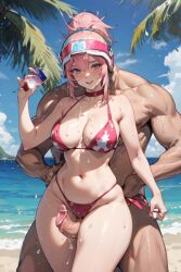 1boy 1girls 2023 ai_generated ai_hands ai_penis anime_nose beach bikini blue_eyes clothed_female cum drink from_behind helmet pink_hair ponytail sweat thigh_sex tree