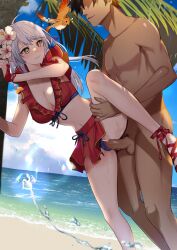 1boy 1girls against_tree alternate_costume bare_legs beach bikini bikini_aside bikini_skirt bird breasts censored cleavage closed_mouth clothed_female_nude_male clothed_sex commentary commission cross-laced_sandals day female female_focus fingerless_gloves fire_emblem fire_emblem:_radiant_dawn fire_emblem_heroes flower gloves grey_hair hair_flower hair_ornament hetero highres large_breasts leg_grab leg_lift leg_up legs light_blush long_hair looking_back male micaiah_(fire_emblem) micaiah_(summer)_(fire_emblem) navel nintendo nude ocean official_alternate_costume outdoors palm_tree penis pussy pussy_juice red_bikini red_footwear red_gloves red_swimsuit sand sandals sex sex_from_behind silver_hair skeb_commission solo_focus standing standing_on_one_leg standing_sex swimsuit swimsuit_aside t-square_position tree vaginal vaginal_penetration watwr yellow_eyes yune_(fire_emblem) zakometti