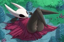 anthro arthropod ass black_body black_eyes bottomless cloak_only clothed clothing female gekasso genitals grass hi_res hollow_knight hornet_(hollow_knight) insects legs_up lying mask on_back plant pussy solo team_cherry