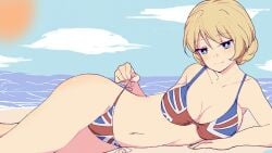 1girls arm_support big_breasts bikini blonde_hair blue_eyes blue_sky blush braid breasts busty cleavage cloud darjeeling female female_only french_braid girls_und_panzer halterneck highres large_breasts light_smile lying naughty_face navel ocean on_side pose posing sand seductive_smile sensual side-tie_bikini_bottom sky smile solo sun swimsuit teasing undressing union_jack union_jack_bikini water