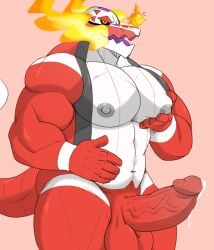 1boy anthro balls bara bodily_fluids boner castrodour crocodilian cum erection fire gay generation_9_pokemon genital_fluids genitals hi_res humanoid humanoid_genitalia humanoid_penis looking_at_viewer male male_only muscular muscular_anthro muscular_male nintendo nipples nude open_mouth pec_grab pecs penis pokemon pokemon_(species) red_body reptile scalie skeledirge solo tail white_body