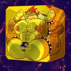 1boy ?_block anklet anthro big_chest big_pecs bowser bracelet bulge chain_chomp_underwear gay huge_chest huge_pecs item_box koopa legband legs_up male male_only mario_(series) nintendo pecs red_hair spiked_anklet spiked_bracelet spiked_legband stuck stuck_in_object super_mario_bros. tiburalgo trapped underwear wristband