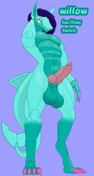 blue_body blue_hair blue_skin cyan_body cyan_skin feet knot male no_nipples_visible non-human non-human_only pink_nails shark shark_humanoid shark_tail unusual_penis willow_(tiredstrawberry) yellow_eyes