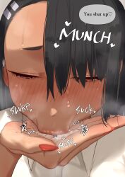 1girls 2d_(artwork) black_hair blowjob_face blush color gentle_femdom giantess hairclip hayase_nagatoro inside_mouth kikimifukuri kikimihukiri larger_female macro micro mouth_play naoto_hachioji_(senpai) on_hand onomatopoeia painted_nails please_don't_bully_me,_nagatoro saliva size_difference slightly_open_eyes smaller_male sucking tanned teasing tiny_male vore