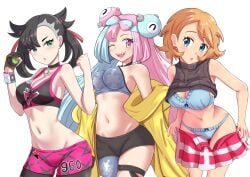 3girls ;d absurdres alternate_breast_size aqua_hair asymmetrical_bangs bare_shoulders black_choker black_hair black_legwear black_nails black_shorts black_sports_bra blue_bow blue_bra blue_eyes blue_panties bow bow_bra bow_panties bra breasts brown_hair character_hair_ornament choker cleavage clenched_hand clothing commentary_request creatures_(company) dog dusk_ball dynamax_band earrings female game_freak gradient_eyes green_eyes groin hair_ornament hair_ribbon head_tilt highres holding holding_poke_ball iono_(pokemon) jewelry large_breasts legs_together looking_at_viewer looking_to_the_side maho_(corotonton5150) marnie_(pokemon) matching_underwear medium_breasts medium_hair midriff miniskirt multicolored_eyes multicolored_hair multiple_girls nail_polish navel nintendo one_eye_closed open_mouth panties pants partially_undressed pink_hair pink_pants pink_shorts pink_sports_bra poke_ball pokemon pokemon_(anime) pokemon_journeys pokemon_ss pokemon_sv pokemon_xy red_ribbon red_skirt ribbon serena_(pokemon) sharp_teeth shirt shirt_lift short_hair short_shorts shorts sideboob simple_background single_leg_pantyhose skirt sleeveless sleeveless_turtleneck smile split-color_hair sports_bra stomach teeth thighs tight_clothes tight_pants turtleneck twintails two-tone_hair two-tone_sports_bra underwear undressing white_background wide_hips