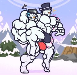 2023 2boys abs bulge gay grope groping heart lanopoli male male/male male_only muscular muscular_anthro muscular_male pec_squeeze pecs pectorals raspadillo_(lanopoli) shocked shocked_expression snowman speedo