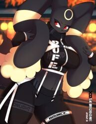 anthro black_body black_fur black_nose breasts clothing eeveelution fur hybrid lisa_(skwidbone) long_ears lopunny navel nintendo pokémon_(species) pokemon pokemon_(species) pokemon_fusion red_eyes signature skwidbone solo umbreon