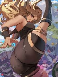 1girls ass blonde_hair dat_ass female gravity_rush huge_ass kat_(gravity_rush) kicking leg_up long_hair miraihikari solo tan tan-skinned_female tanned_skin thick_thighs