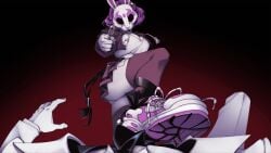 1boy 1girls breasts bunny_ears bunny_mask butt cleavage clothed male mask masked_female neon_violet neon_white neon_white_(character) official_art painted_nails pale_skin pointing_gun purple_hair sneakers stepped_on stepping tagme thick_thighs thighs threatening upskirt white_skin