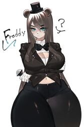 ? arms_crossed arms_crossed_under_breasts bear bear_ears bear_girl big_ass big_breasts big_butt blank_background blue_eyes brown_hair five_nights_at_freddy's freddy_(fnaf) freddy_fazbear long_hair microphone plain_background rule_63 thick_ass thick_thighs toge77789 togetoge top_hat white_background wide_hips wide_thighs