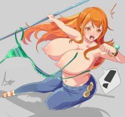 1girls 2015 accidental_exposure bikini bikini_top boobs breasts embarrassed_nude_female enf exposed_breasts female female_only green_bikini_top jeans long_hair nami nasipasuta nipples one_piece orange_hair post-timeskip red_hair striped_bikini surprised topless wardrobe_malfunction weapon