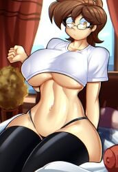 1girls 2020s 2023 2d 2d_(artwork) athletic athletic_female bedroom big_breasts big_thighs black_thighhighs black_thong breasts brown_hair busty cleavage curtains female female_focus female_only fit_female freckles glasses hi_res highres hips hourglass_figure human just_woke_up kyurby_(zzzhodazzz) large_breasts large_thighs light-skinned_female light_skin midriff navel nipple_bulge original original_character short_hair small_shirt solo solo_female solo_focus thick_thighs thighhighs thighs thong tight_clothing underboob voluptuous wide_hips yellow_eyes zzzhodazzz