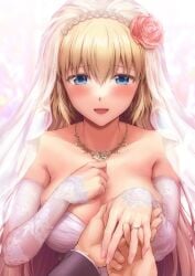 1boy 1boy1girl 1girls big_breasts blonde_hair blue_eyes blush breasts bridal_veil bride chacharan cleavage dress earrings elbow_gloves fate/grand_order fate_(series) flower frills gloves hair_flower hair_ornament jeanne_d'arc_(fate) jewelry large_breasts long_hair looking_at_viewer necklace ornate_ring pink_flower pink_rose pov ring rose smile strapless strapless_dress tearing_up veil wedding wedding_dress wedding_ring white_dress wholesome