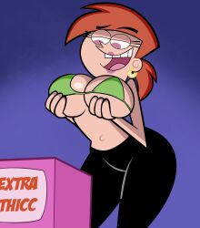 accurate_art_style aged_up belly_button big_breasts black_pants breasts earrings eyelashes female female_only green_bra grimphantom large_breasts lipstick midriff navel nickelodeon pink_eyes ponytail red_hair straight_hair the_fairly_oddparents thick_thighs vicky_(fairly_odd_parents) wide_hips