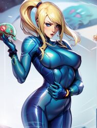 1girls ai_generated alternate_version_available ass blonde_hair blonde_ponytail blue_bodysuit blue_clothing blue_eyes bounty_hunter female grabbing_waist metroid metroid_(creature) nintendo pixai pooplool round_ass round_butt samus samus_aran slim_female slim_figure solo tagme thin thin_female zero_suit_samus