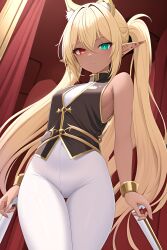 1girls ai_generated dark-skinned_female dark_elf dark_skin elf elf_ears elf_female female female_only gold_hair heterochromia pointy_ears solo