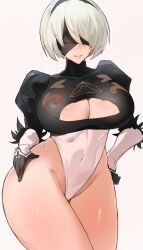 1girls android android_girl blindfold breasts female grinning_at_viewer hair_over_one_eye hips huge_breasts kataku_musou light-skinned_female light_skin naughty_face nier nier:_automata short_hair smiling thick_thighs thighs voluptuous wide_hips yorha_2b