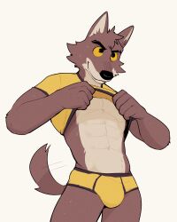 2023 abs anthro brown_body brown_fur bulge canid canine canis clothing detailed_bulge dreamworks fur gay hi_res jrjresq male mammal mr._wolf_(the_bad_guys) shirt_up simple_background solo tail the_bad_guys underwear wolf