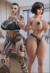 2girls 3d bioshock bioshock_infinite blacked blacked_clothing crossover elizabeth_comstock female female_only jack_(mass_effect) mass_effect multiple_girls queen_of_spades sekaithereturn tagme