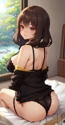 1girls ai_generated alternate_breast_size bed black_panties bra brown_eyes brown_hair female female_only human iino_miko indoors kaguya-sama_wa_kokurasetai_~tensai-tachi_no_renai_zunousen~ large_breasts long_hair low_twintails off-shoulder_jacket on_bed sitting solo stable_diffusion thigh_strap window