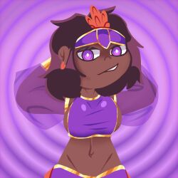 1girls 2023 beauty_(thirteen_lights) belly belly_button big_breasts brown_hair dark-skinned_female dark_skin earrings female female_only lololowka looking_at_viewer photef purple_clothing purple_eyes purple_top smirk smirking thirteen_lights top