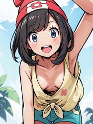 1girl ai_generated beanie black_hair blue_eyes breasts downblouse female_only leaning_forward looking_back no_bra open_clothes pokemon pokemon_sm selene_(pokemon) shirt short_hair shorts small_breasts solo stable tank_top