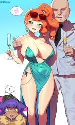 1girls 2boys alcohol aqua_nails big_breasts champagne cheating cuckold dqnguy dress drunk leon_(pokemon) nail_polish netorare nintendo orange_hair pieguy pokemon pokemon_ss sonia_(pokemon)