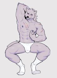 anthro black_sclera blaidd_(elden_ring) bulge canid canine canis clothing detailed_bulge elden_ring footwear fromsoftware hi_res jrjresq male male_only mammal muscular muscular_anthro muscular_male scar socks solo underwear wolf