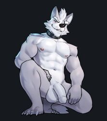 abs anthro areola athletic athletic_anthro athletic_male balls canid canine canis collar eye_patch eyewear fur genitals grey_body grey_fur hi_res humanoid_genitalia humanoid_penis jrjresq looking_at_viewer male mammal navel nintendo nude penis solo star_fox wolf wolf_o'donnell