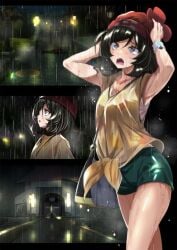 1girls armpits arms_up bag beanie black_hair blue_eyes bra building city comic female female_only green_shorts hat looking_up night open_mouth outdoors pokemon pokemon_(game) pokemon_sm rain red_headwear see-through selene_(pokemon) shirt short_hair short_shorts shorts shoulder_bag silent_comic sleeveless sleeveless_shirt solo tsukishiro_saika underwear walking wet wet_clothes wet_shirt white_bra yellow_shirt z-ring