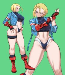 1girls 2d abs british byunsang_(artist) cameltoe cammy_white capcom emotionless expressionless female female_focus female_only fit fit_female g-string gauntlets gloves jacket muscles muscular muscular_female scar short_hair simple_background street_fighter street_fighter_6 thick_thighs thigh_band thighs