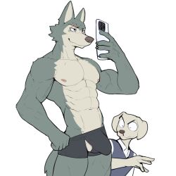 abs anthro areola athletic athletic_anthro athletic_male beastars bulge canid canine canis clothed clothing detailed_bulge domestic_dog duo hi_res holding_object holding_phone jack_(beastars) jrjresq legoshi_(beastars) male male_only mammal phone selfie underwear underwear_only wolf