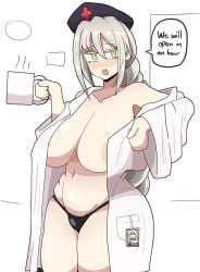 1girls areolae_slip big_breasts coffee coffee_mug doctor drinking eirin_yagokoro english_text female female_only grey_hair hat mature_female mole nipple_slip notnoe_(dxcl) open_jacket silver_hair solo text text_bubble thick_thighs thighs thong touhou yellow_eyes