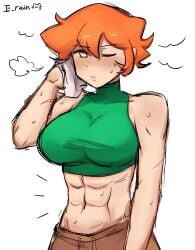 1girls abs blush buff buff_female e_rain female female_only fully_clothed green_tank_top midriff newgrounds one_eye_closed one_eye_open orange_hair pico's_school pico_(newgrounds) rule_63 short_hair shorts solo sweat sweatdrop sweating sweaty sweaty_body tank_top white_background white_eyes wiping_sweat