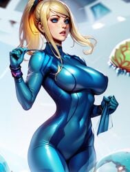 1girls ai_generated alternate_version_available ass blonde_hair blonde_ponytail blue blue_bodysuit blue_clothes blue_clothing blue_eyes bounty_hunter bracelet female metroid metroid_(creature) nintendo pixai pooplool round_ass round_butt samus samus_aran slim_female slim_figure solo solo_female suprised suprised_look tagme thin thin_female zero_suit_samus