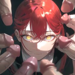 1girls ai_generated chainsaw_man clothed_female gangbang looking_at_viewer makima_(chainsaw_man) mtc272 multiple_boys multiple_penises red_hair spiral_eyes stable_diffusion yellow_eyes