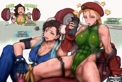 2022 3girls abs asymmetrical_hair barbell beret biceps black_hair blonde_hair bottle braid breasts brown_eyes brown_hair cameltoe cammy_white capcom chun-li cleavage clothing covered_abs covered_erect_nipples covered_navel curvaceous dated double_bun earbuds earphones erect_nipples erect_nipples_under_clothes exercise exhausted facial_scar female female_only fingerless_gloves front-tie_top gauntlets gloves green_leotard hat headwear heavy_breathing hershuar highleg highleg_leotard human large_breasts laura_matsuda leg_strap leotard multiple_girls muscle muscular_female nipples open_mouth scar shiny shiny_skin sitting spread_legs steaming_body street_fighter street_fighter_v sweat sweating_profusely sweaty_clothes tank_top thermos thighs thong thong_leotard tied_hair tired toned toned_female tongue tongue_out water_bottle weightlifting weights wet wet_clothes wide_hips