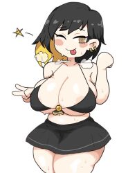 1girls areolae_slip big_breasts bikini_top binah black_hair brown_eyes cleavage doodle light-skinned_female lobotomy_corporation nipple_slip notnoe_(dxcl) peace_sign project_moon request silly skirt solo solo_female steam sweat sweaty_body thick_thighs tongue_out white_background