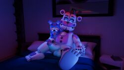 animatronic balls bear blue_eyes bowtie bunny cock duo feet five_nights_at_freddy's five_nights_at_freddy's:_sister_location funtime_freddy_(fnafsl) gay glowing_eyes hands hat hips legs_apart looking_at_viewer lucasgshep male male_focus male_only penis puppet_bonnie_(fnafsl) robot white_body