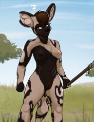 african_wild_dog anthro big_ears black_body black_fur breasts brown_hair canid canine female front_view fur genitals hair hi_res inner_ear_fluff kee'lo mammal melee_weapon mtf_crossgender nipples notched_ear nude polearm pussy rule_63 savanna scar solo spear standing stargazer tan_body tan_fur tuft weapon