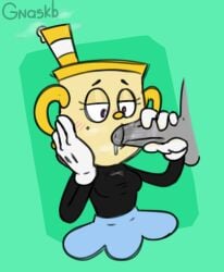 blowjob blush breasts cum cum_in_mouth cuphead:_the_delicious_last_course cuphead_(game) dick fellatio female female_protagonist gnaskb half-closed_eyes heart_eyes ms._chalice pacman_eyes penis penis_lick penis_out skirt wet_clothes yellow_skin