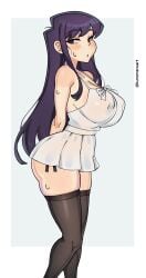 1girls asian big_breasts black_eyes black_hair dark_blue_hair female fringe grey_eyes komi-san_wa_komyushou_desu komi_shouko kuromaruart long_hair looking_at_viewer maid maid_uniform pale-skinned_female petite purple_eyes purple_hair schoolgirl seductive_look shy tagme thick_thighs thigh_squish